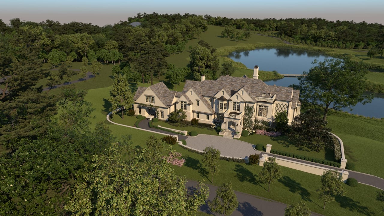 Mansion on a lot of land overlooking a lake