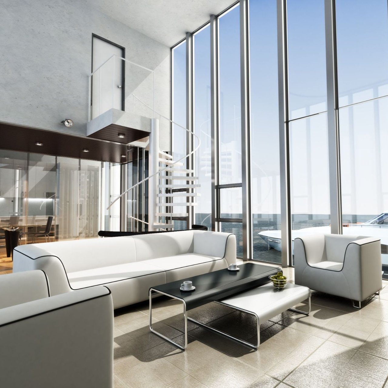 The room is furnished with white sofas and armchairs with black piping, centered around a black coffee table.