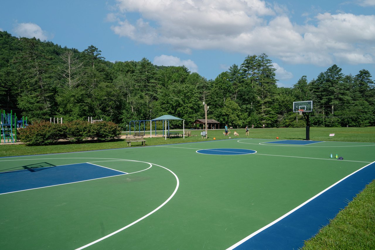 Alt=An outdoor basketball court with a playground and picnic area in the background, surrounded by trees and greenery under a partly cloudy sky, makes it an ideal spot for real estate agents to highlight as a family-friendly community asset.