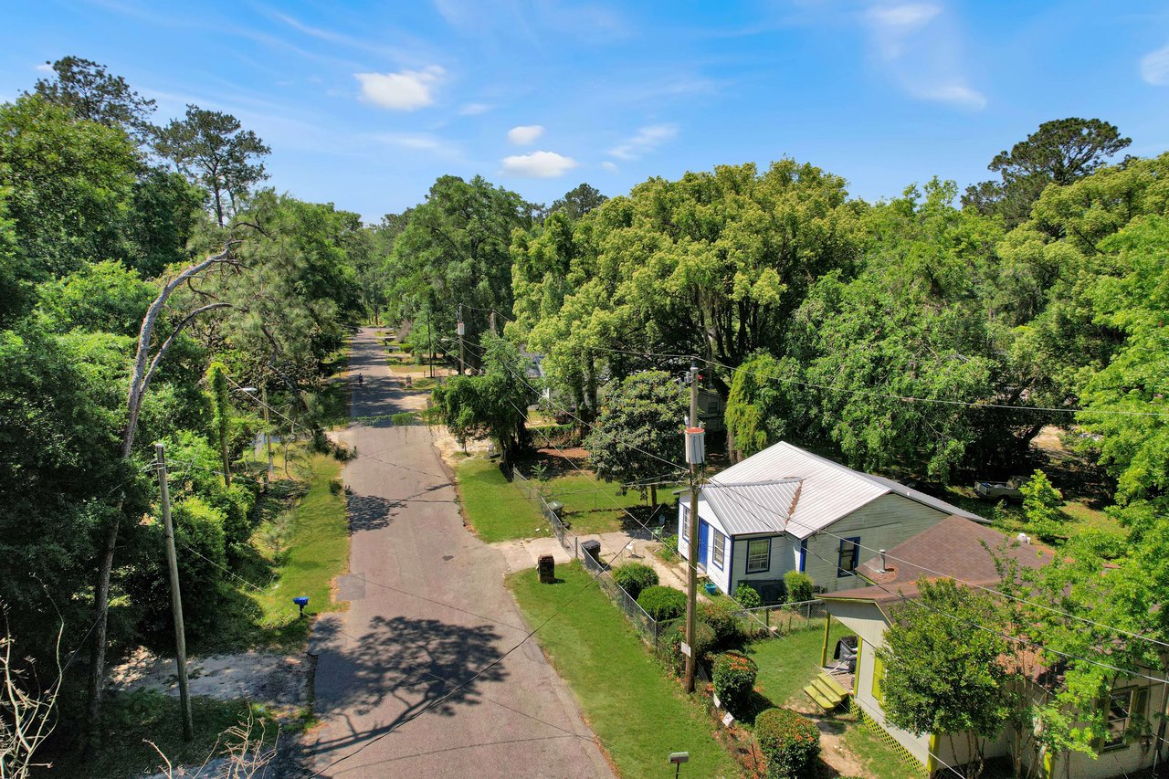 An aerial view of a residential street in Liberty Park  with houses on either side. The street is surrounded by trees and vegetation, providing a scenic and green environment.