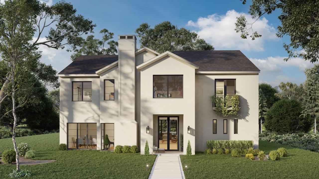 Elegant Mediterranean home exterior on Caruth Blvd in Dallas, showcasing lush landscaping and modern design elements.