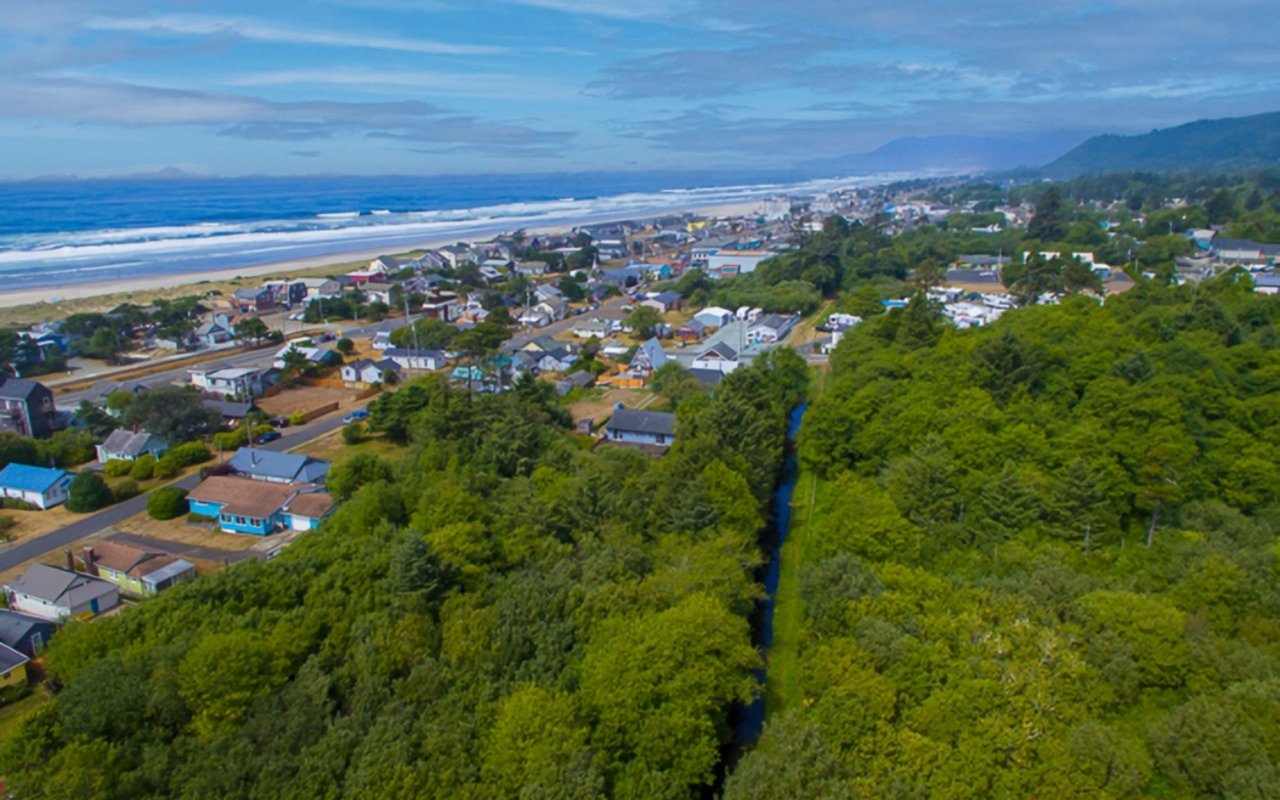 Aerial view of homes in Rockaway Beach Oregon 