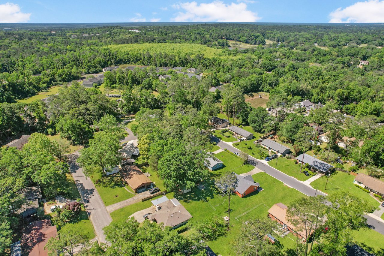 An aerial view of Old St. Augustine residential neighborhood with houses, streets, and abundant greenery.