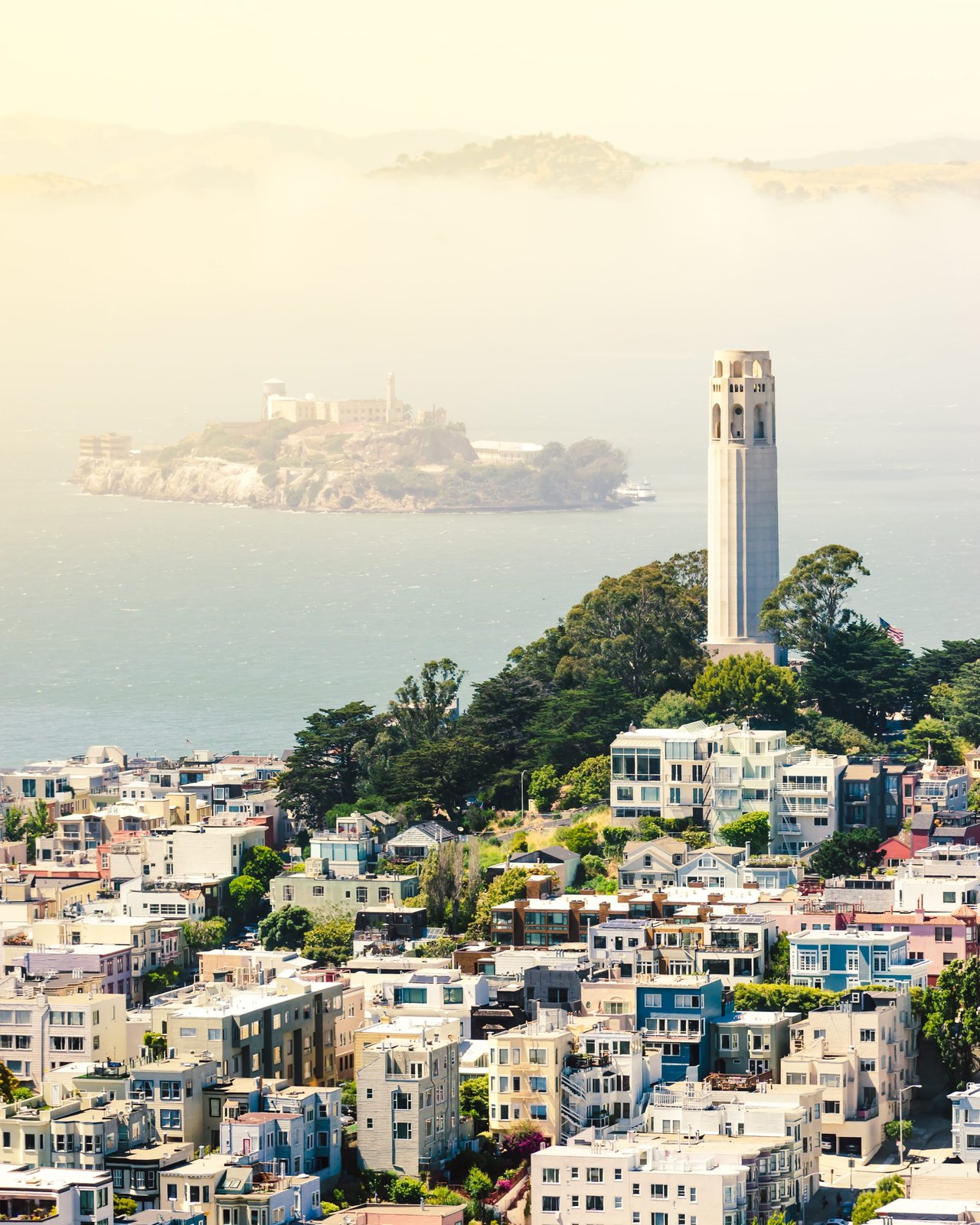 Foggy view of the Telegraph Hill and Coit Tower in San Francisco