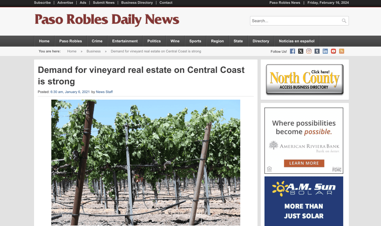 Demand for Vineyard Real Estate on Central Coast is Strong