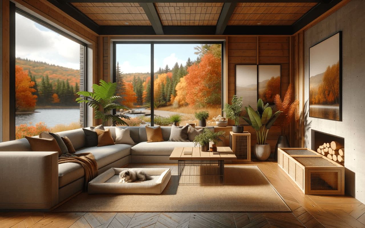 A living room with wood accents, large windows overlooking autumn foliage, and a fireplace.