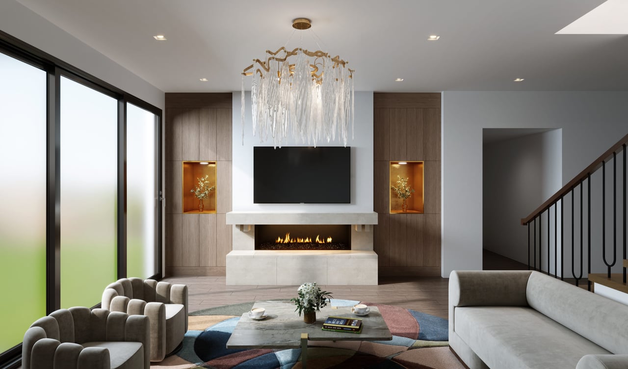 Spacious and inviting modern living room featuring a stylish fireplace, comfortable seating, and natural light