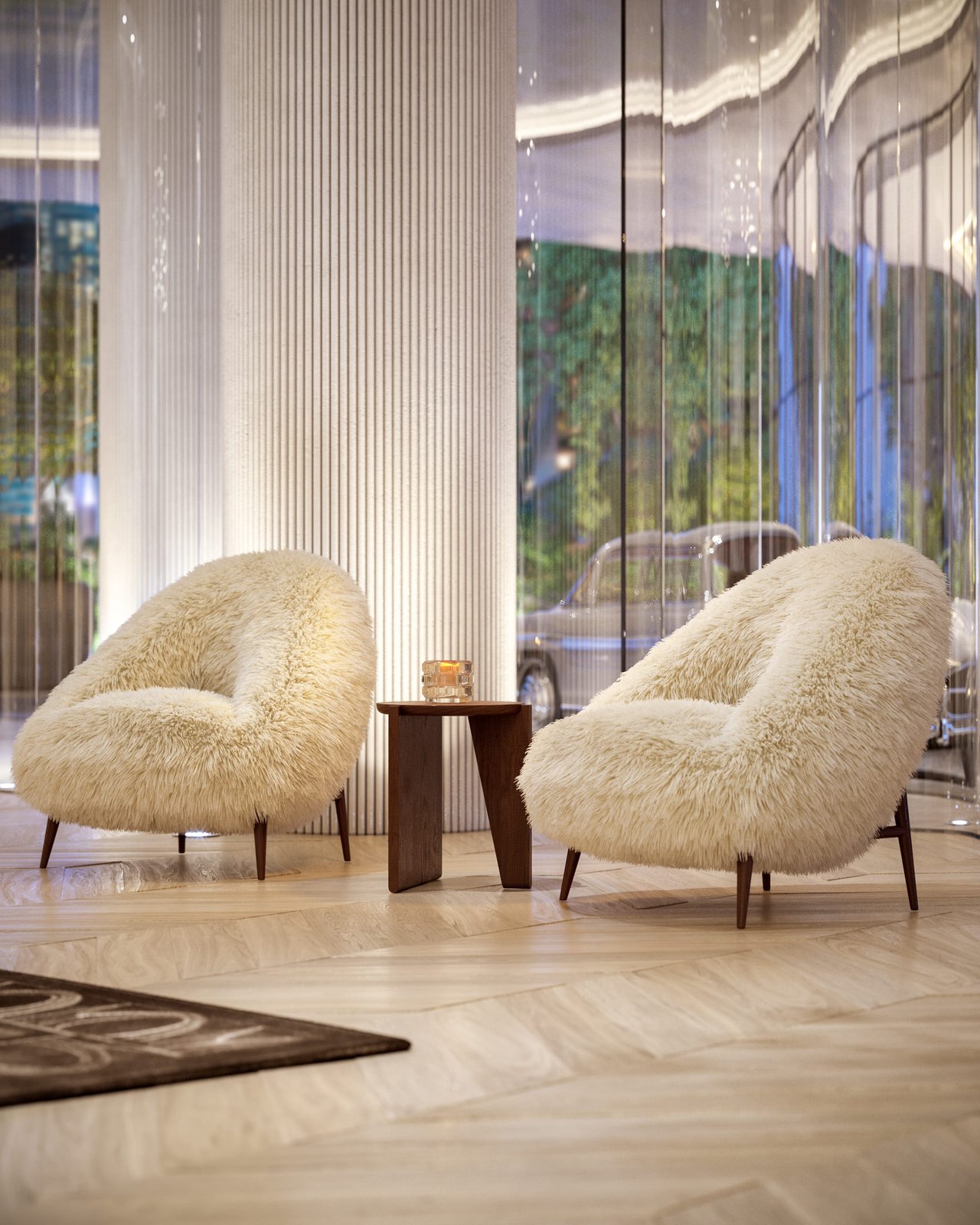 Baccarat lounge with two plush cream chairs, a small wood table, and floor-to-ceiling glass.