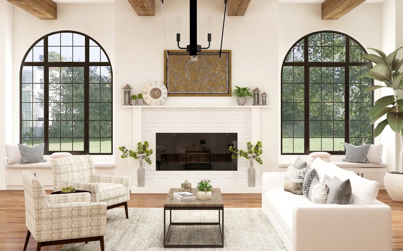 Bright living room with large arched windows, white brick fireplace, modern furniture, and wooden ceiling beams.