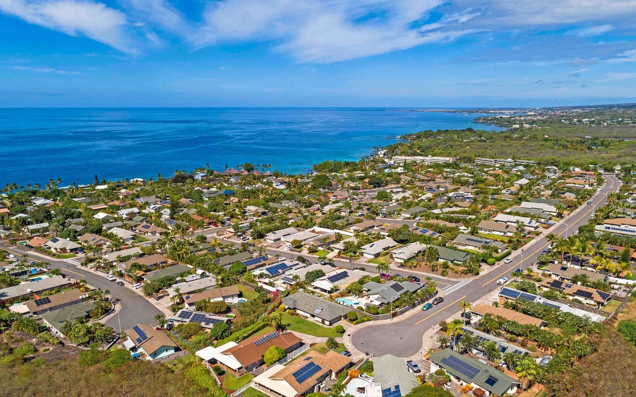 An aerial view of a residential neighborhood in Keauhou View Estates