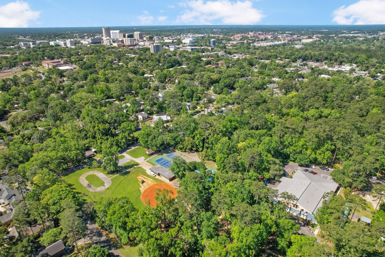 An aerial view of the Lafayette Park area, focusing on the green spaces and surrounding neighborhood.