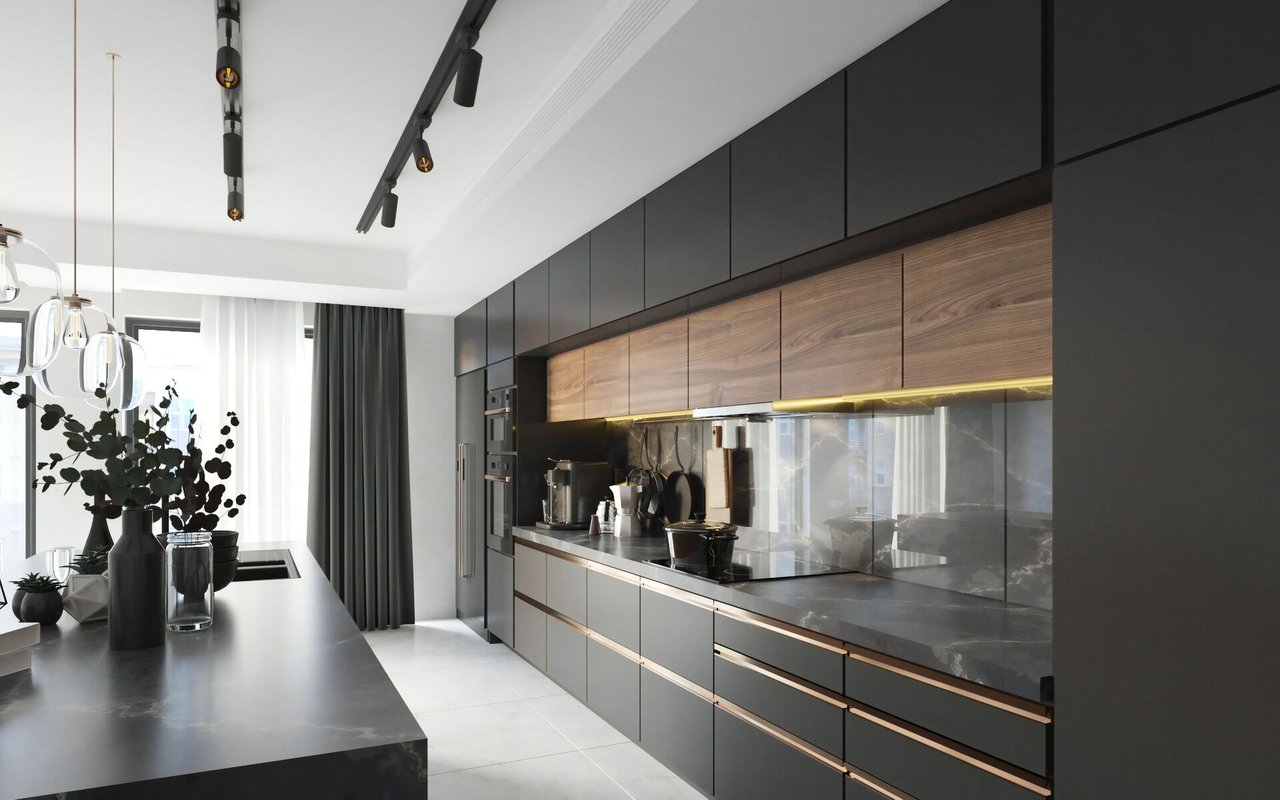 Modern kitchen with dark cabinetry, wood-front cabinets, and a long stone island.