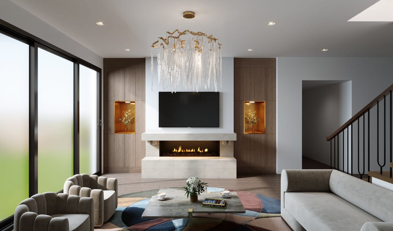 Sophisticated living room showcasing a stone fireplace and brown cabinets with gold niches, creating an inviting atmosphere.