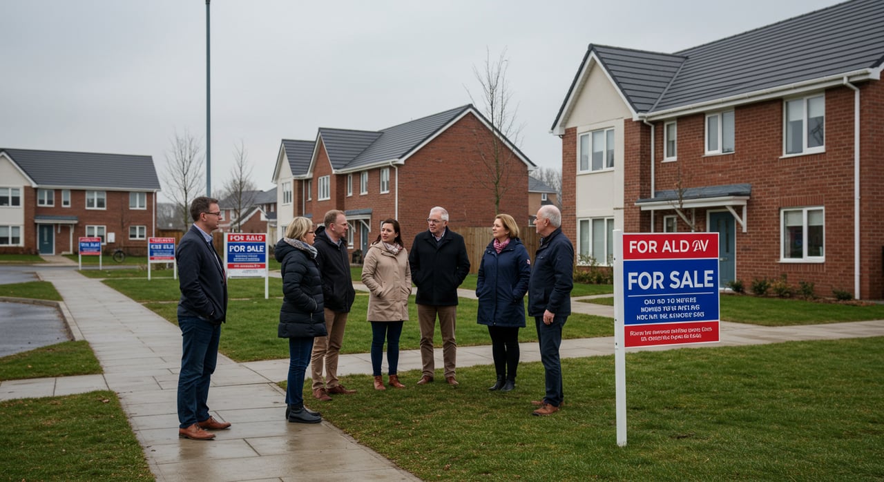 Red-brick homes with people gathered beside a prominent For Sale sign.