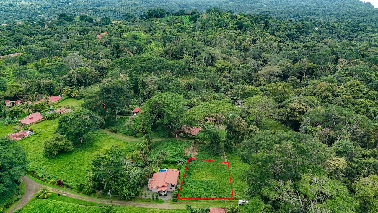 A beautiful sunny lot in a secure gated community with a nearby creek and jungle-covered valley.