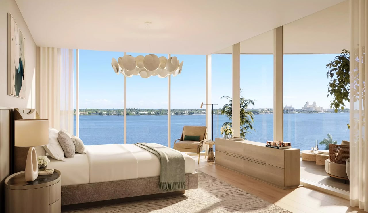 Corner bedroom from Shorecrest west palm beach showing the views of the intracoastal and ocean with some view of the terrace