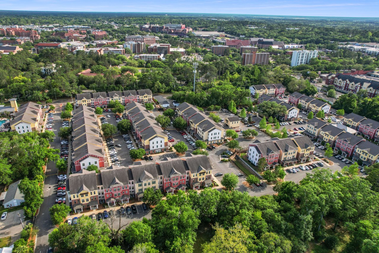 A closer aerial view of Frenchtown, emphasizing the density of houses and the surrounding greenery.