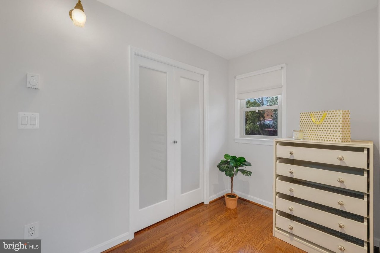 Small room with a white closet door, cream dresser, potted plant, and hardwood floor.