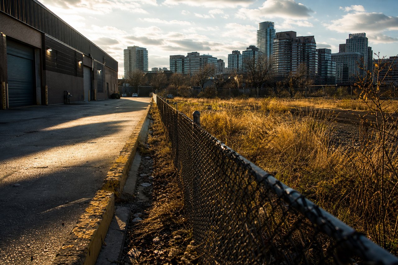 Overgrown fenced urban lot beside an industrial building, with apartment towers beyond.