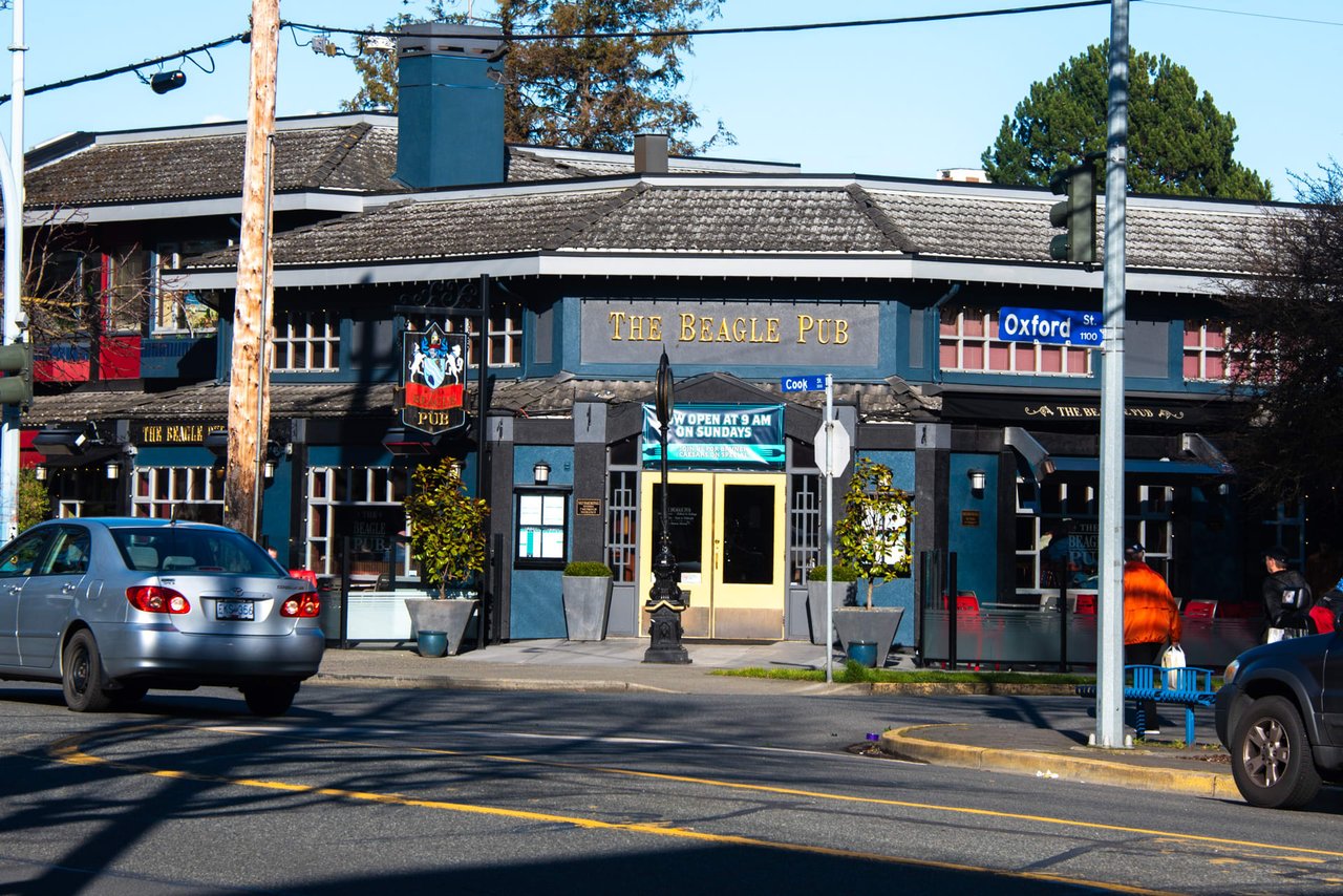 The Beagle Pub in Cook street Village.  A popular place to hang out in Victoria BC