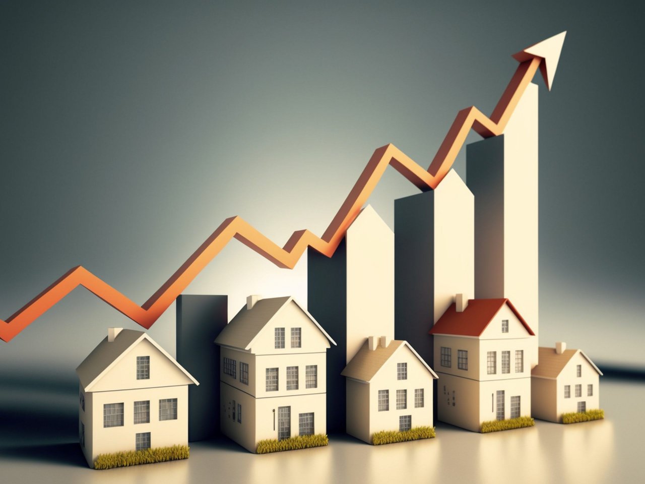 Houses beneath a rising arrow and ascending bars.