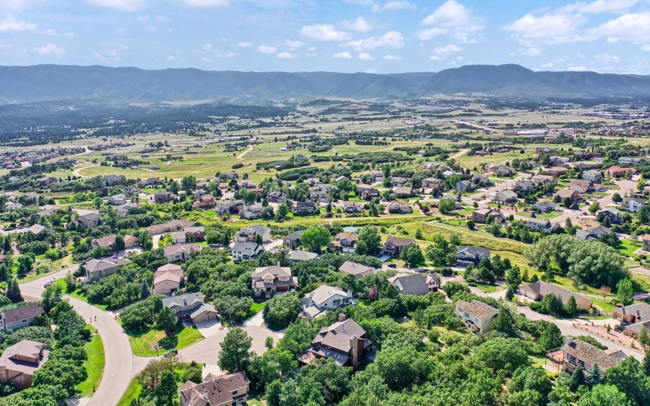 An aerial view of a residential neighborhood in Monument, Colorado