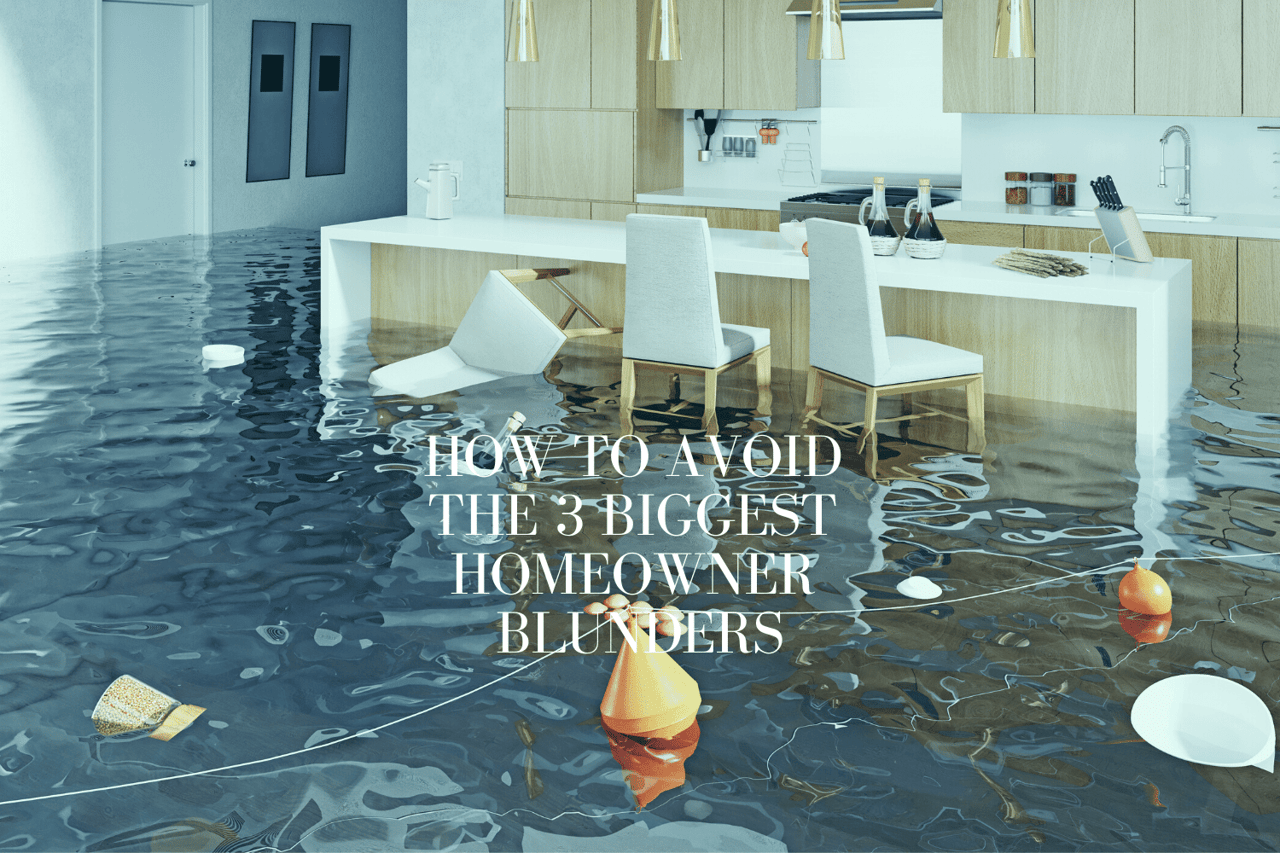A modern kitchen flooded with water, floating dishes and an overturned chair.