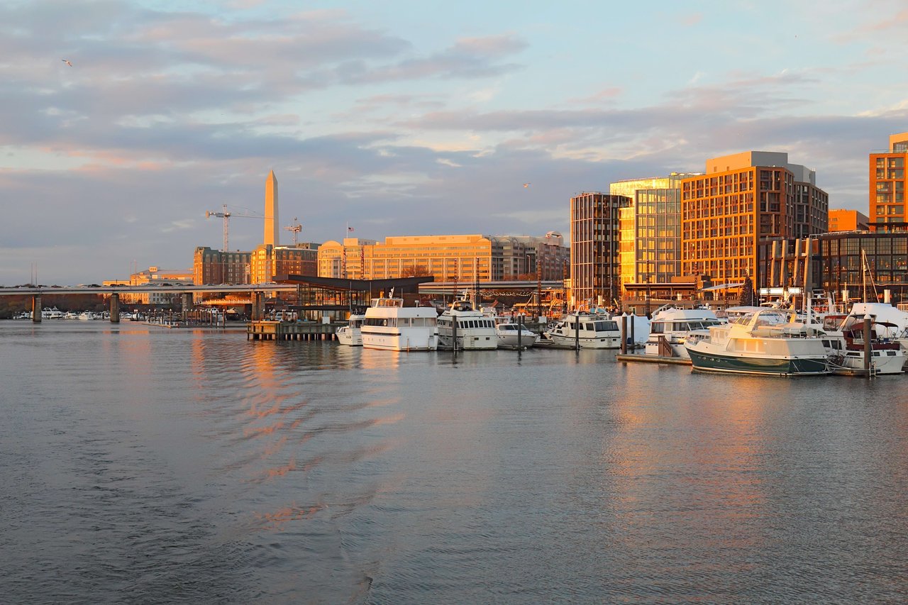 Public piers and buildings along The Wharf on Maine Avenue SW in SW Waterfront, Washington, DC.