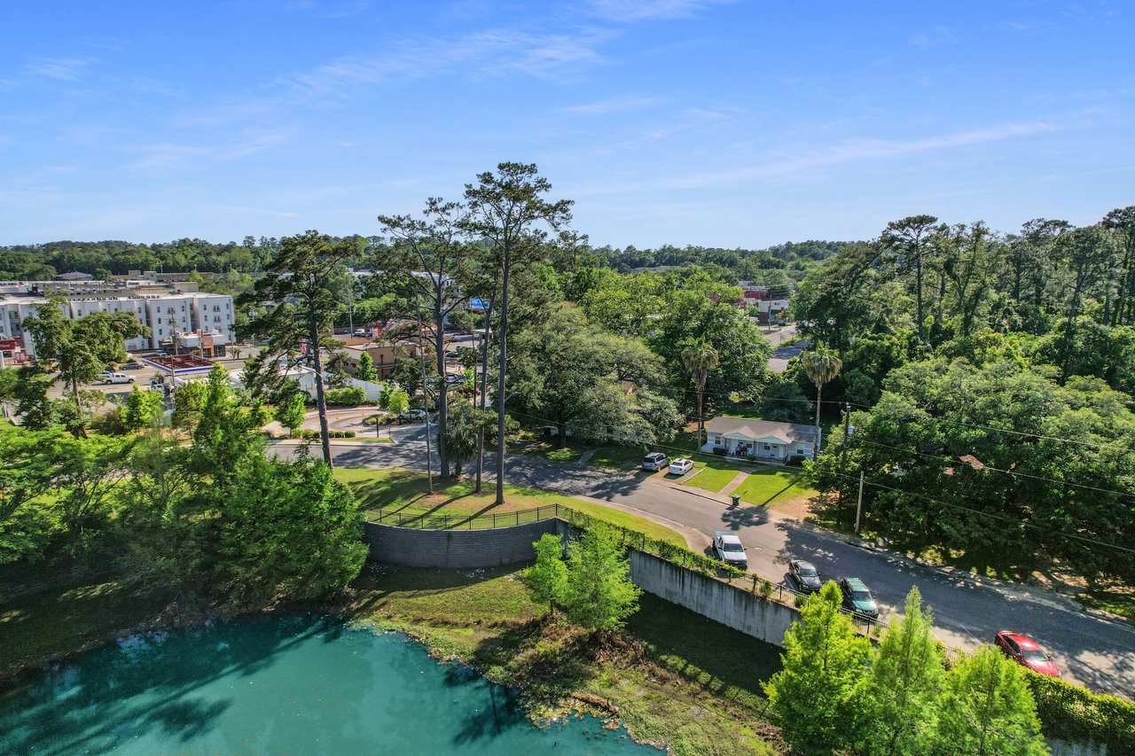 An aerial view of the Campus Circle community, featuring houses near a water body and surrounded by lush greenery.