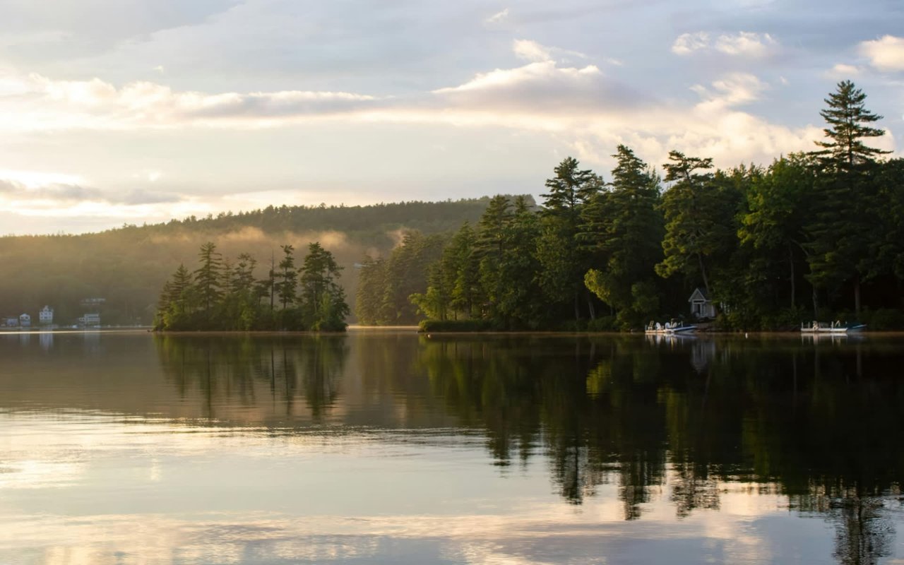  A serene landscape captures a calm body of water reflecting the trees and sky. 
