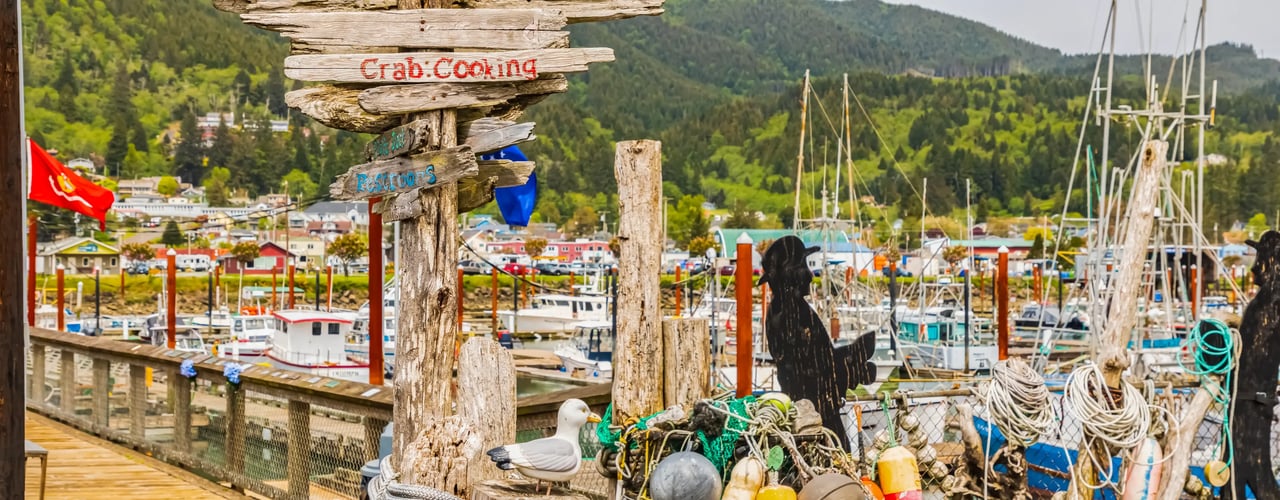 Garibaldi Oregon docks with homes in the background