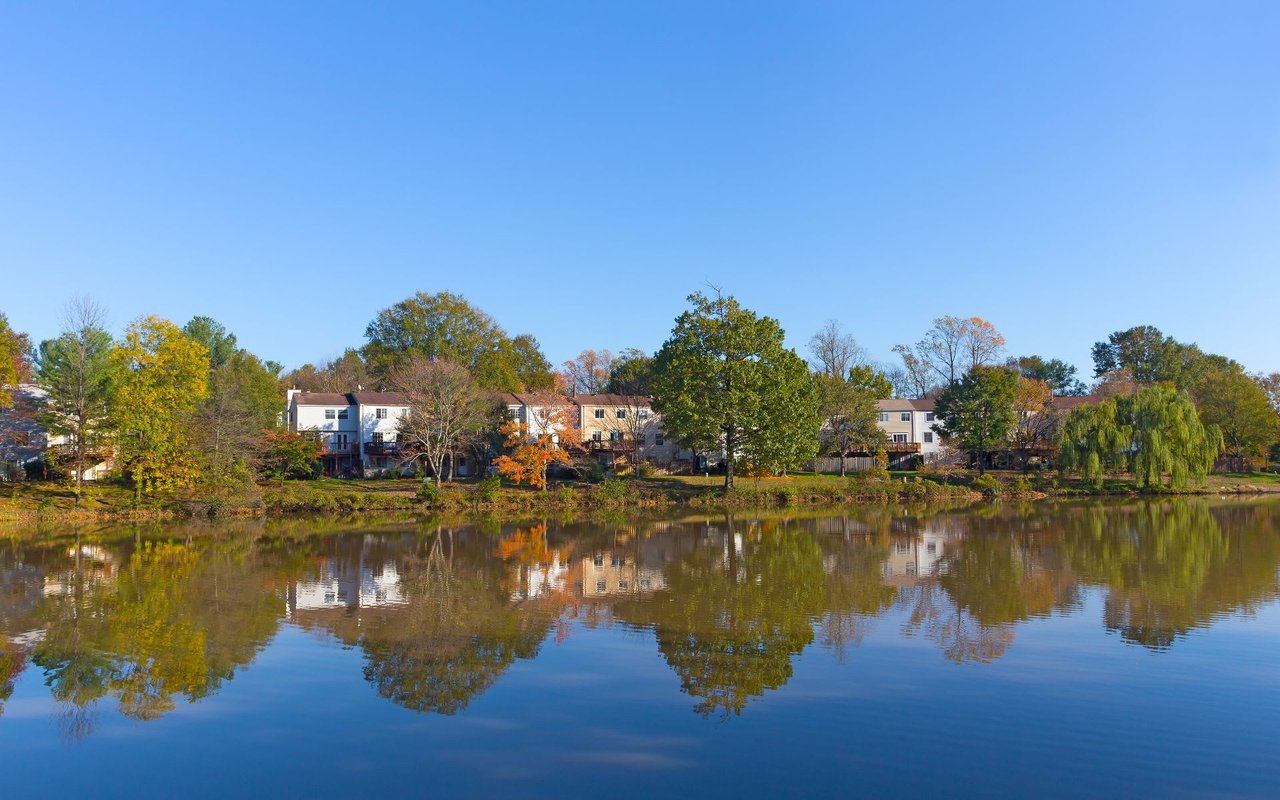 Lake with white facade houses and trees lining the banks of the lake