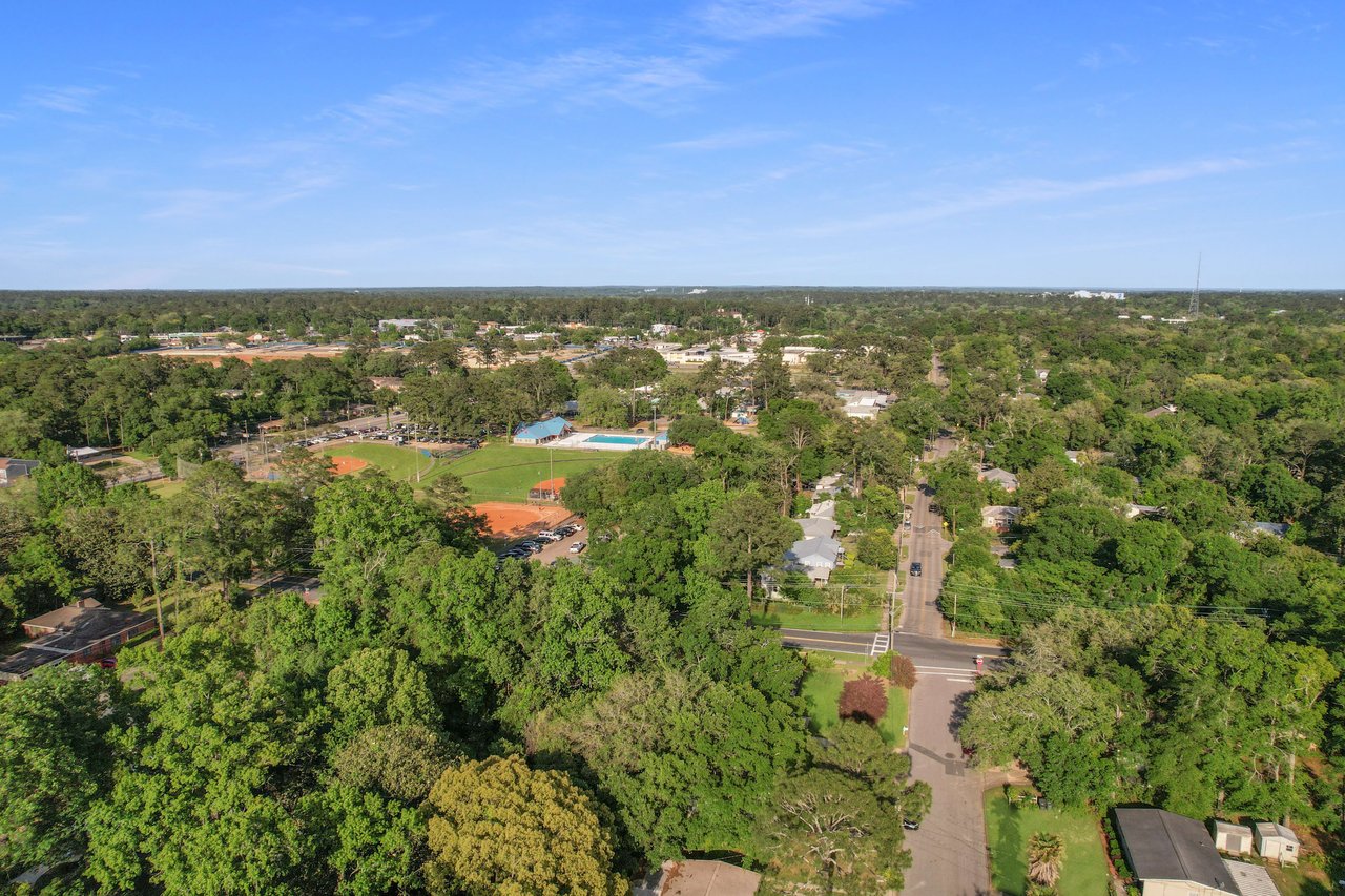 Another aerial view of Levy Park, showing the layout of the park, nearby houses, and the surrounding greenery.