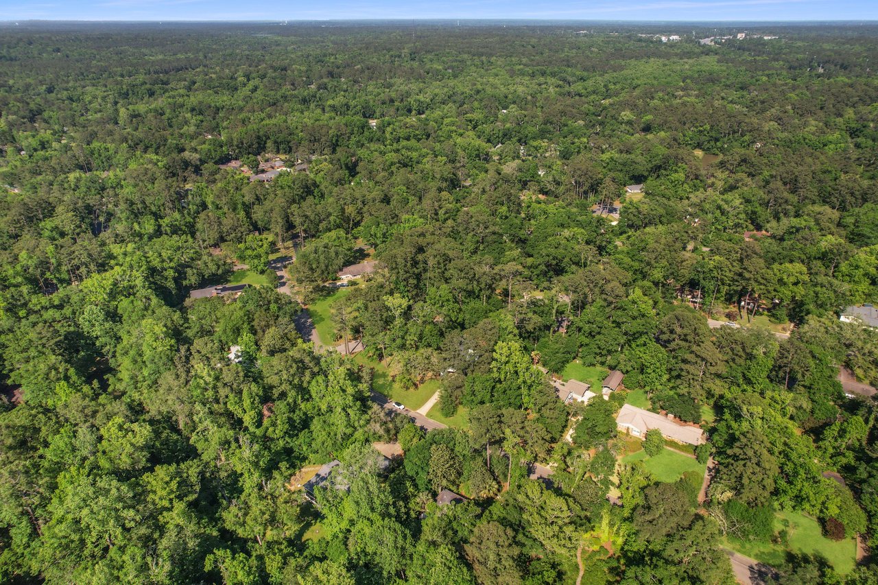 A broader aerial view of Linene Woods, emphasizing the extensive forested area and the distribution of houses within the community.