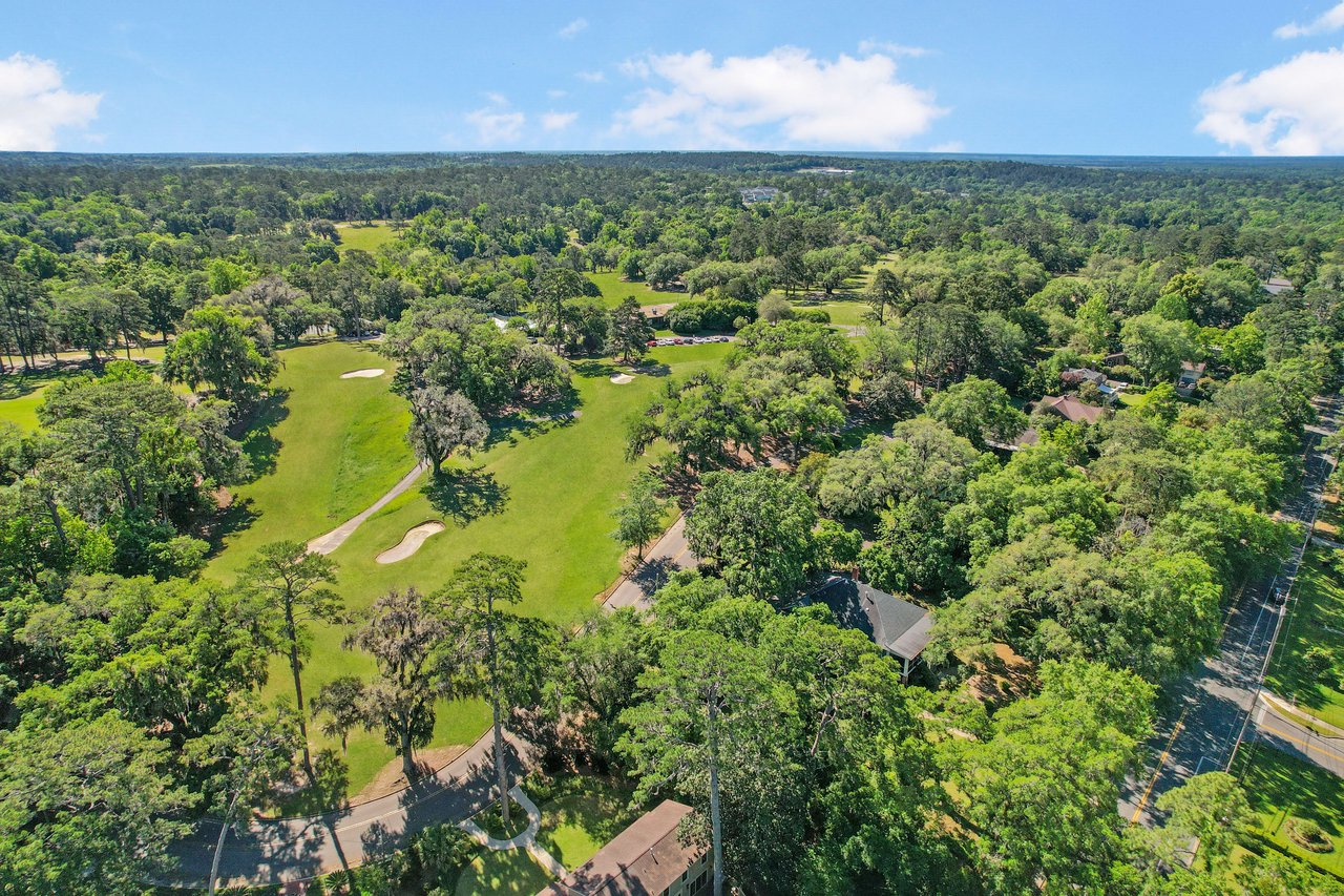 Aerial view of the Myers Park focusing on the green spaces and surrounding trees.