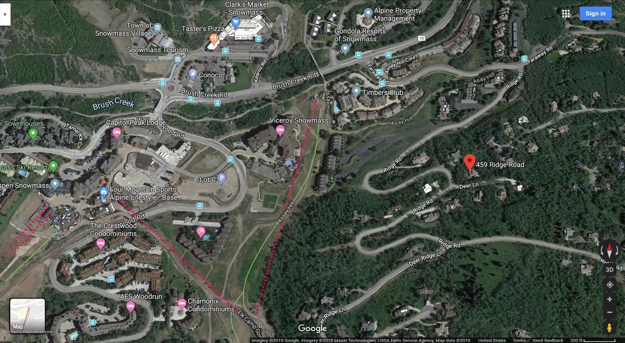 Map marking 459 Ridge Road on a wooded hillside near Deer Lane in Snowmass Village.