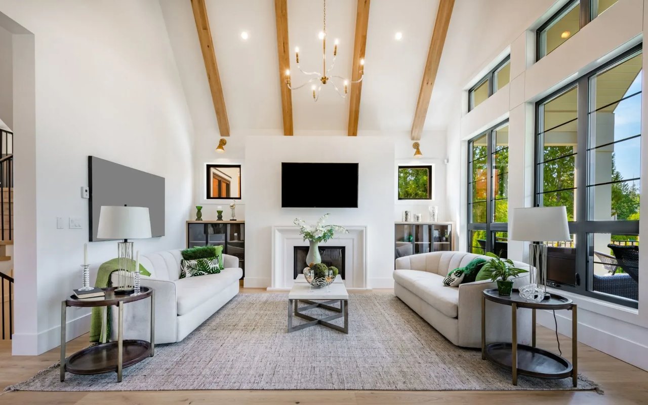 A warm and inviting living room with a cozy couch, a classic fireplace, and a large flat-screen TV, located in a Westlake Village, CA