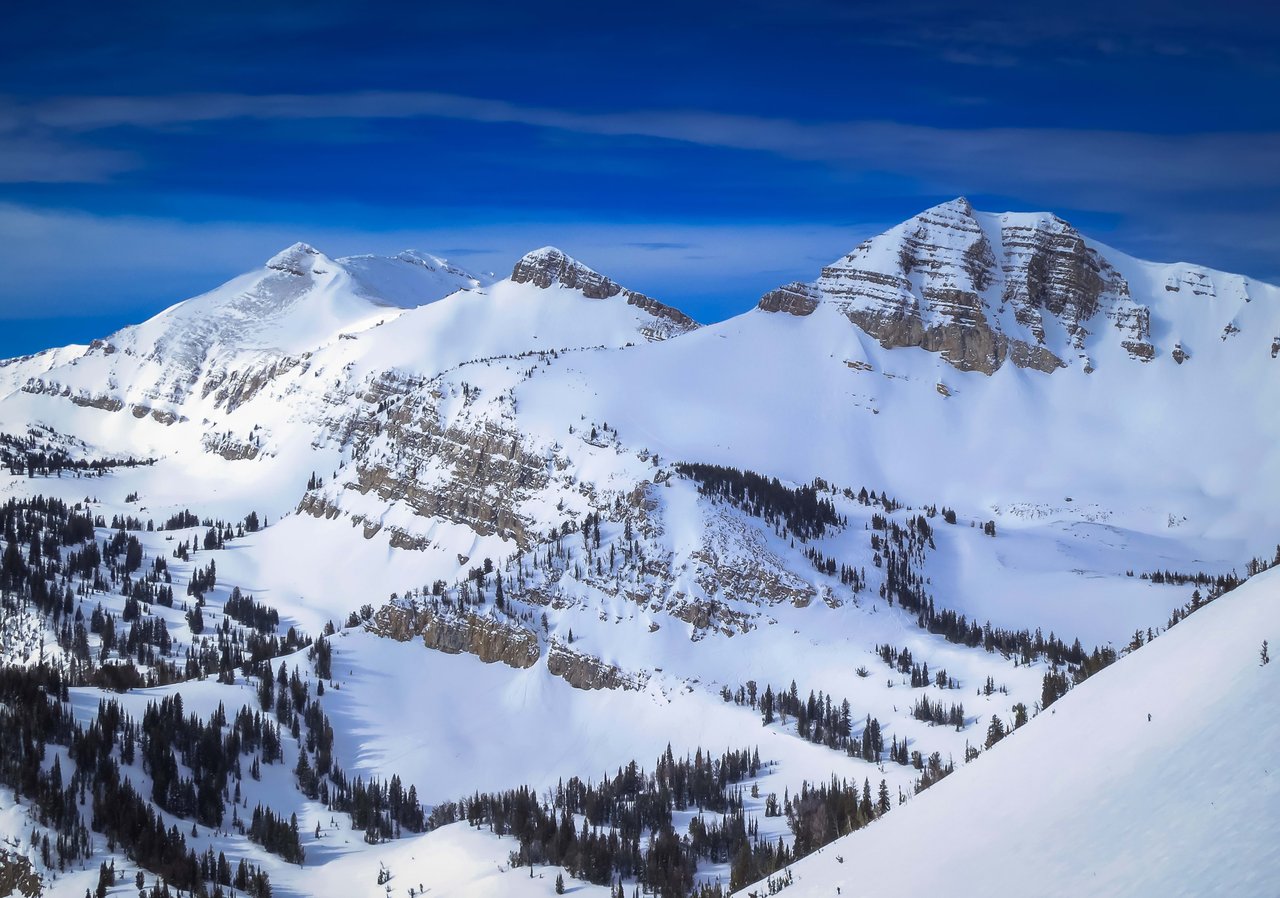 A snowy image of Cody peak and the Teton Range taken from the Jackson Hole Aerial Tram