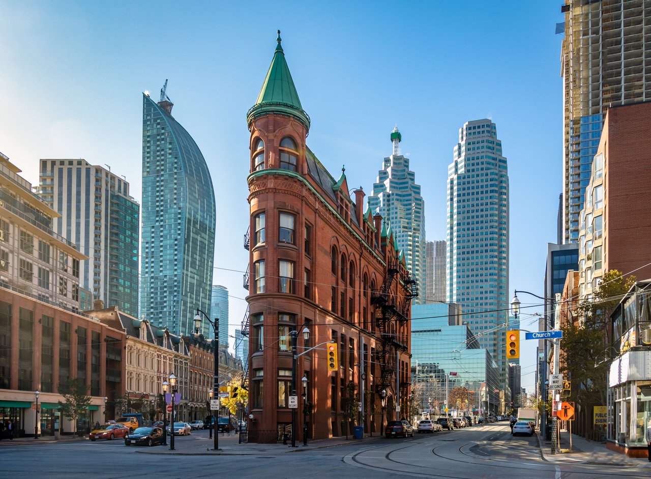 A bustling city street with towering skyscrapers