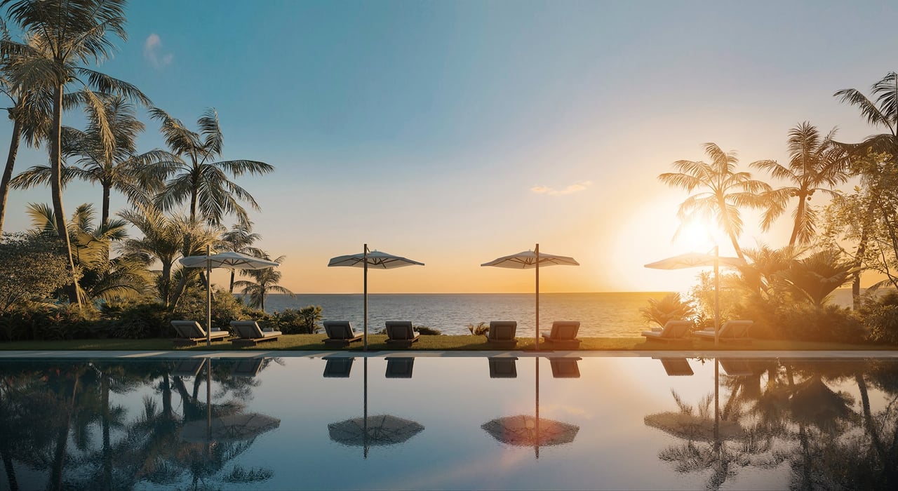 Waterfront pool with palm trees and lounge chairs facing the ocean at sunset.