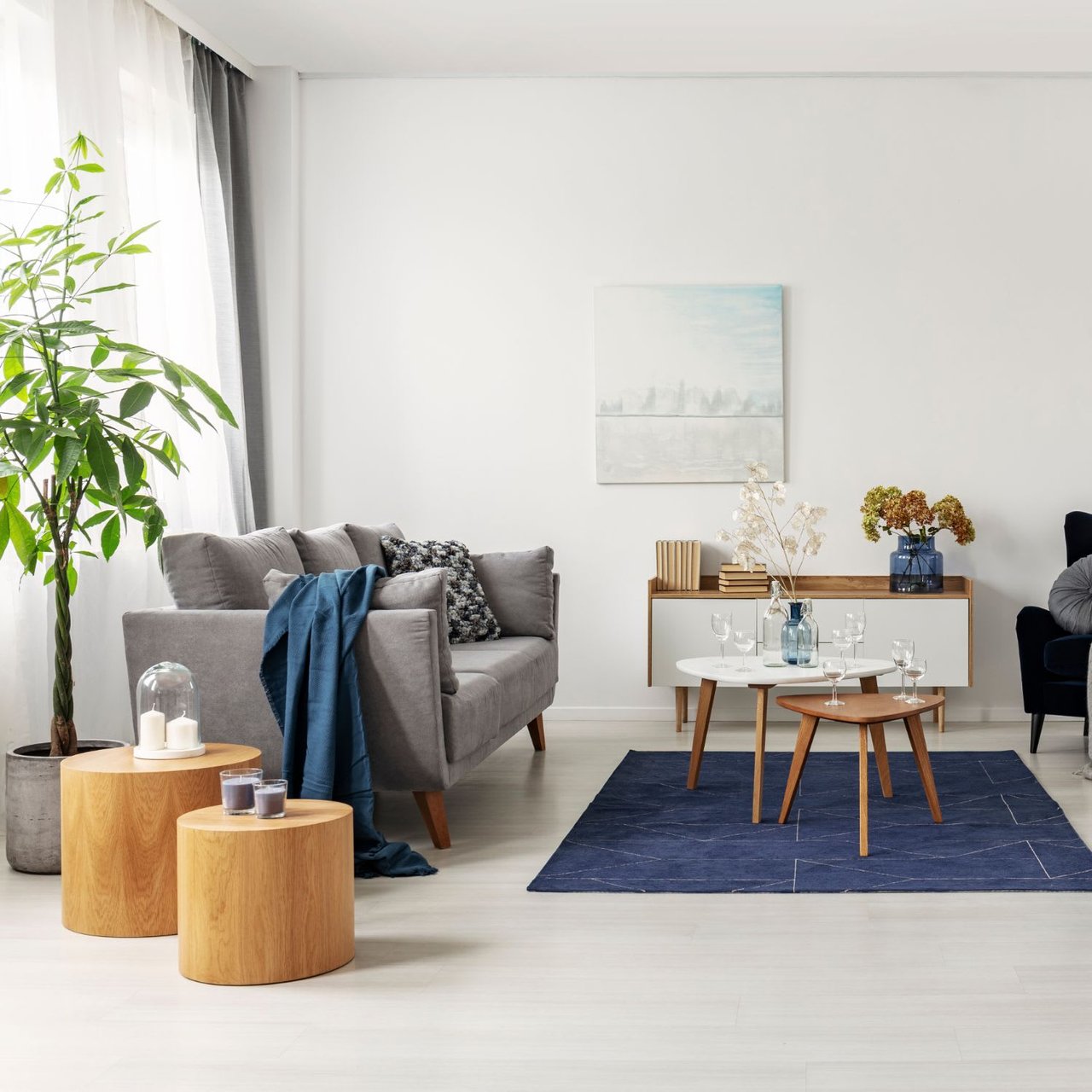 A bright, modern living room featuring a grey sofa with a blue throw blanket, two round wooden coffee tables with candles, and a large green potted plant on the left.