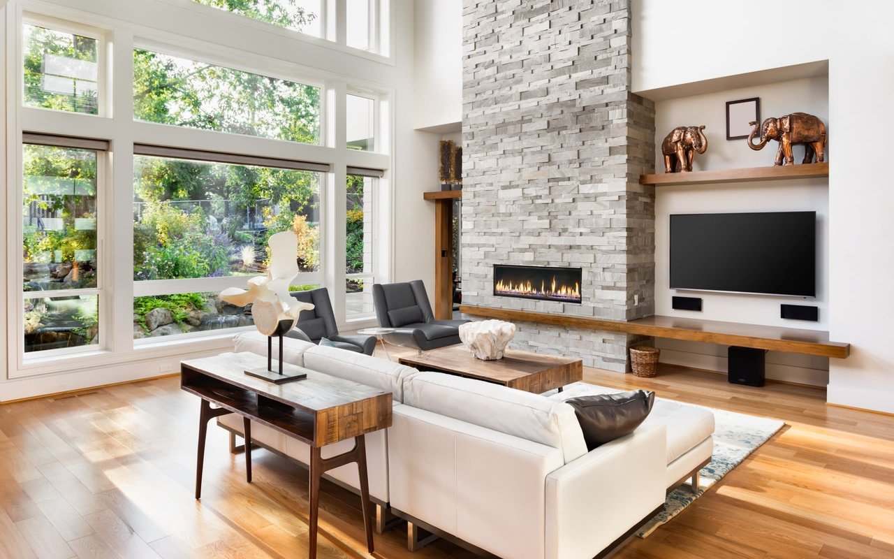 Cozy living room with a white couch.