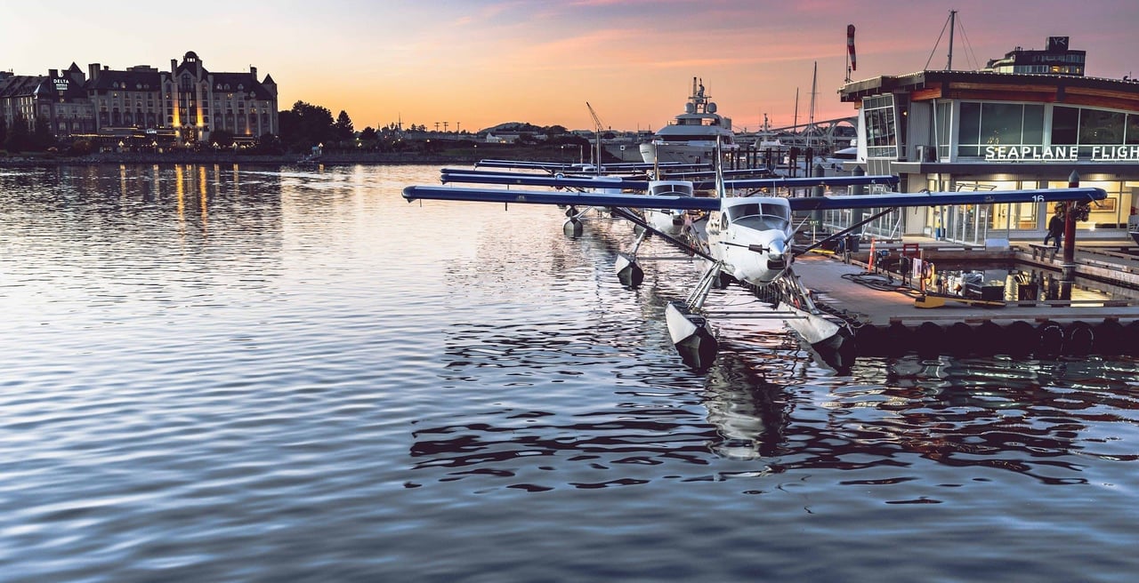 Victoria harbor British Columbia, with float plane at sunset