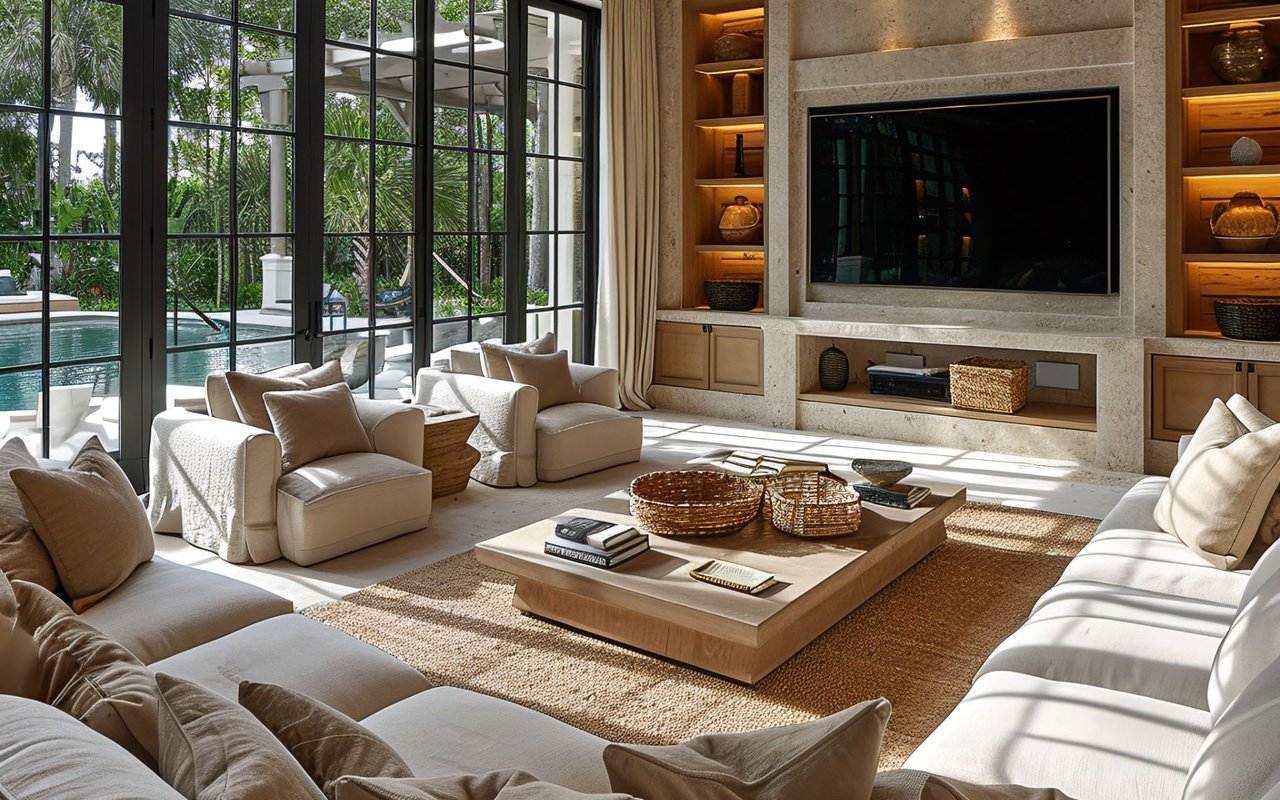 Sunlit living room with neutral furniture, large windows, and a poolside view.