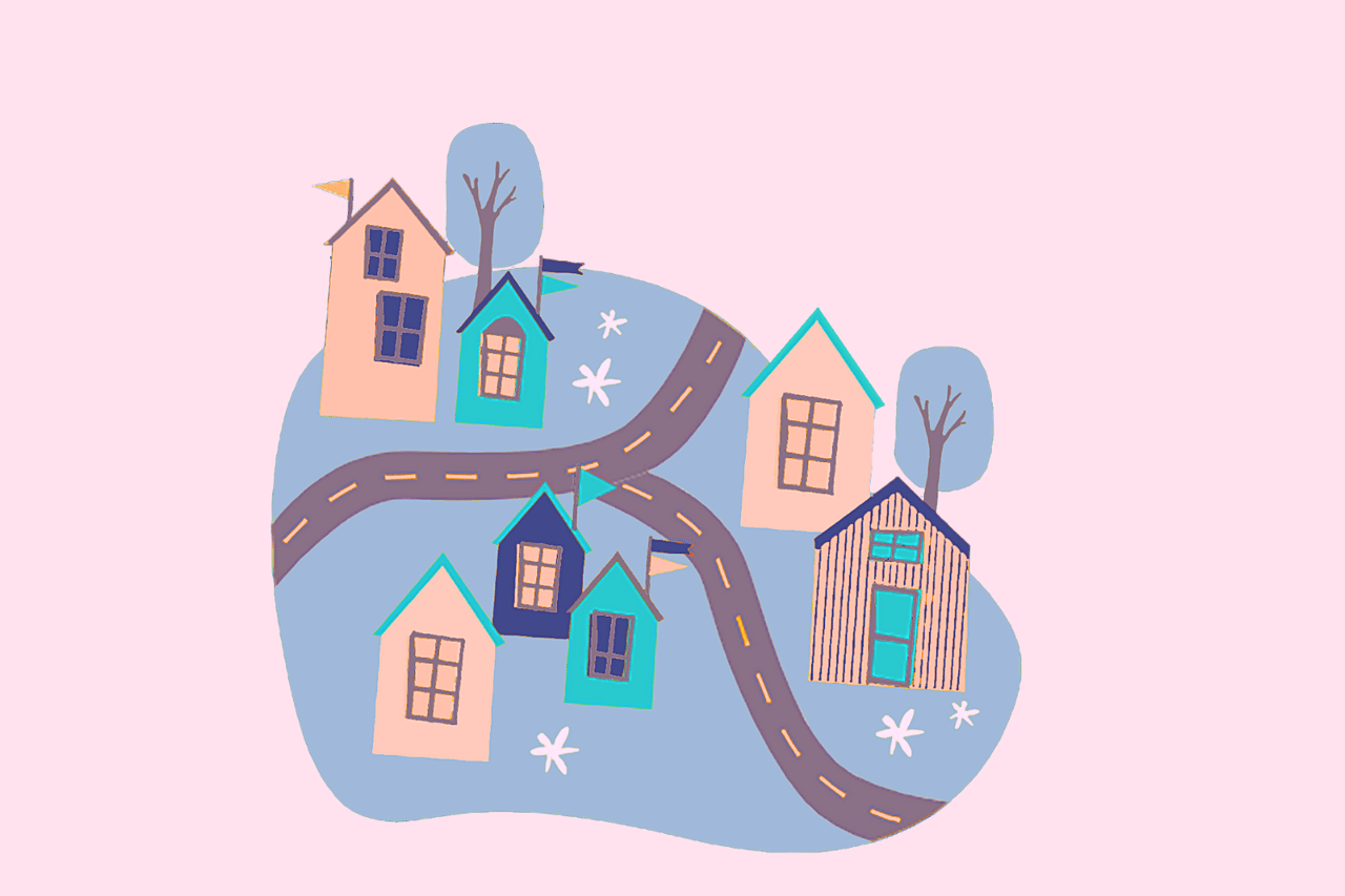 Colorful neighborhood illustration with houses and trees along a winding road.