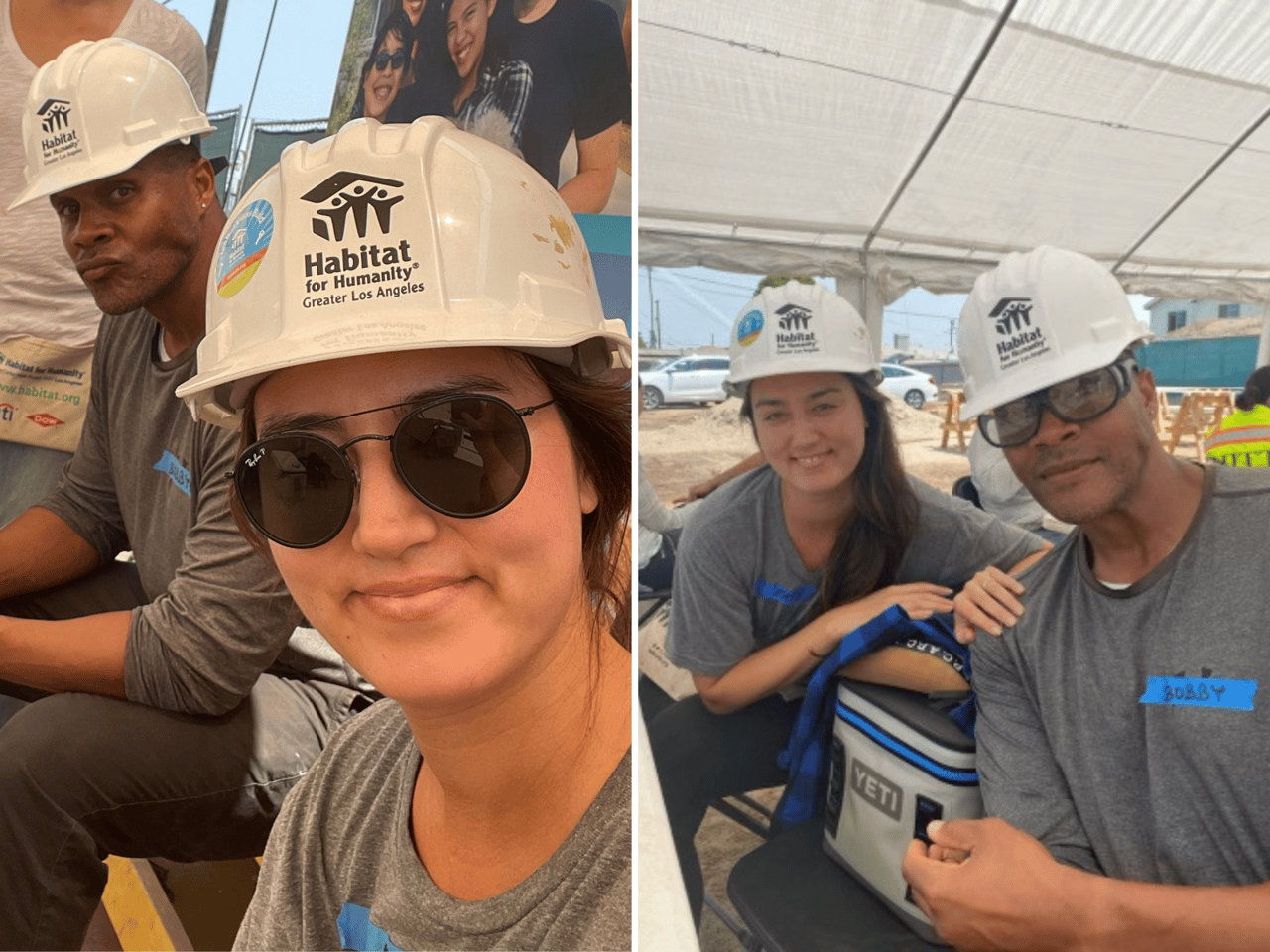  A two-part image showing volunteers at a Habitat for Humanity event. 