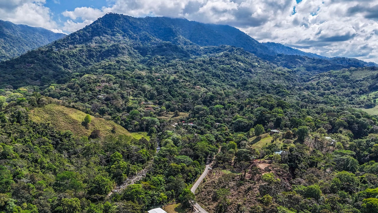 An elevated 1.2 acres lot with two plantels, panoramic mountain and jungle views.