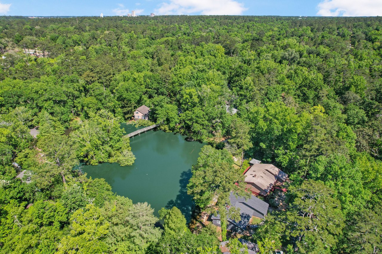 An aerial view of the Blairstone Forest area, showing a body of water surrounded by dense trees and a few buildings.