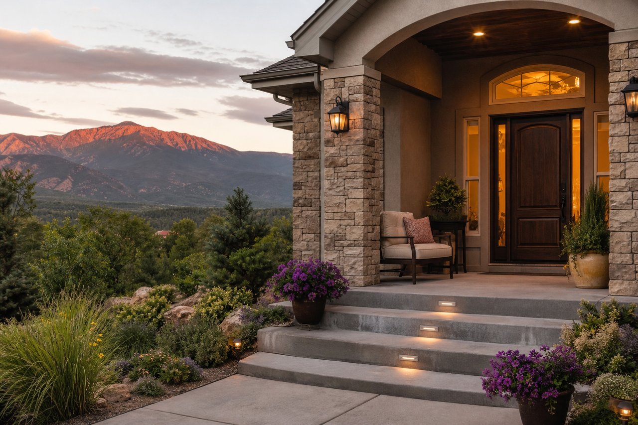 Stone-and-stucco home entrance with a covered porch, landscaped steps, and mountain views at sunset.
