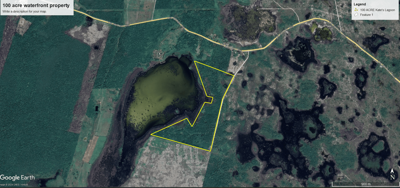 100 plus acre waterfront property on the east shores of Kate's Lagoon 